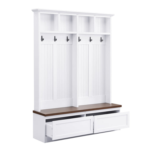 English Elm Rattan Door Hall Tree Bench with 6 Hooks Farmhouse Entryway Storage White+Walnut N721S000076K