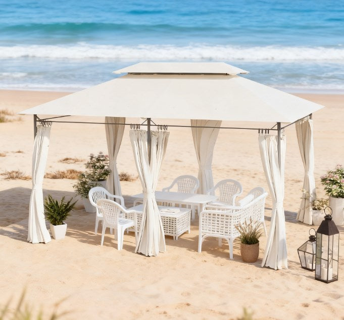 English Elm Outdoor Large Patio Gazebo Steel Frame Double Tier Canopy with Curtains for Backyard Cream White T3971P426861