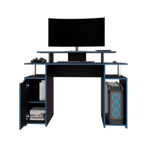 English Elm Keria 47" Gamer Desk with 2 Tiers, Three Shelves & PC Tower Stand — Black MDF, Blue Accent Trim B200P335322