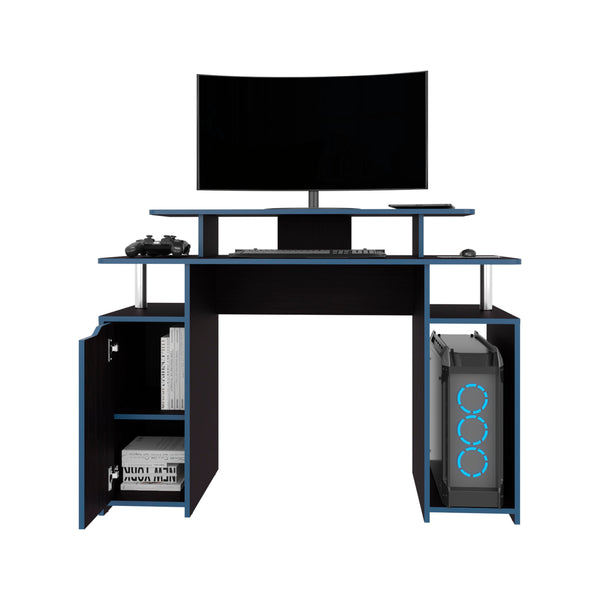 English Elm Keria 47" Gamer Desk with 2 Tiers, Three Shelves & PC Tower Stand — Black MDF, Blue Accent Trim B200P335322