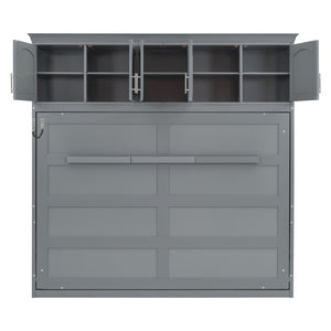 English Elm Queen Murphy Wall Bed with Top Cabinet Storage for Small Space Living Gray LP006665AAE-1