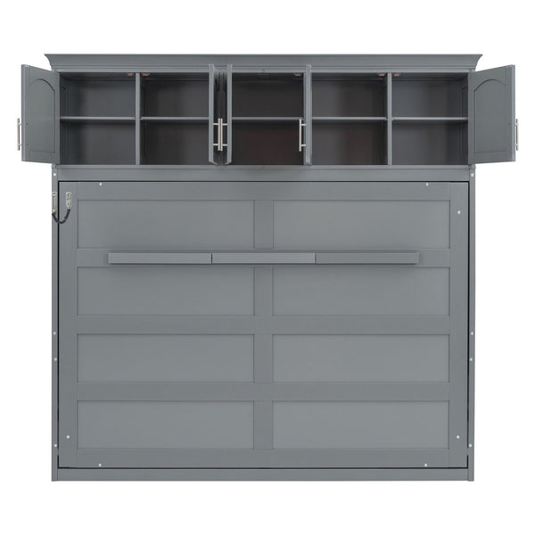 English Elm Queen Murphy Wall Bed with Top Cabinet Storage for Small Space Living Gray LP006665AAE-1