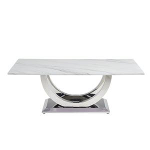 English Elm 50.4 Inch Rectangular Coffee Table Marble Mdf Top Sculptural Steel Arc Base Modern W3357P395502