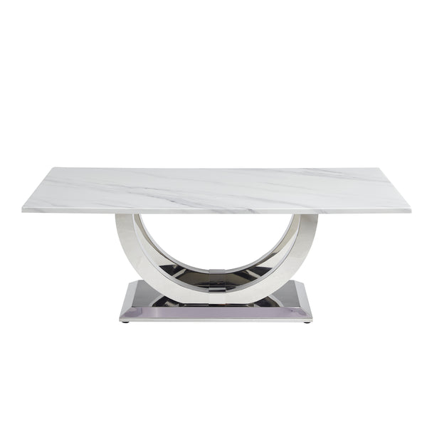 English Elm 50.4 Inch Rectangular Coffee Table Marble Mdf Top Sculptural Steel Arc Base Modern W3357P395502