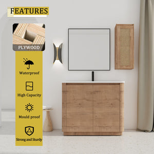 English Elm 40'' Freestanding Bathroom Vanity With Ceramic Sink, Soft-Close Doors & Side Cabinet For Stylish Storage W999S00404