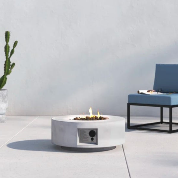 English Elm 11" Round Fiber Reinforced Concrete Outdoor Fire Pit Table with Push-Button Ignition, Lid & Cover Gray B120P198393
