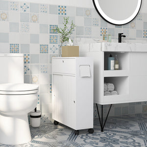 English Elm kleankin Slim Toilet Paper Cabinet on Wheels with Adjustable Shelf, Sliding Doors & Flip Top (White) W2225P229297