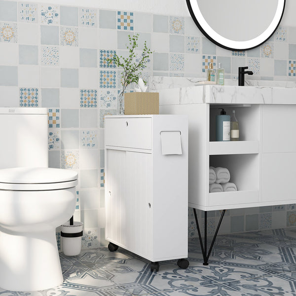 English Elm kleankin Slim Toilet Paper Cabinet on Wheels with Adjustable Shelf, Sliding Doors & Flip Top (White) W2225P229297