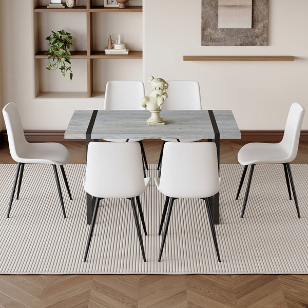 English Elm Table And Chair Set: Modern Grey Marble Dining Table With 6 Pu-Cushioned Chairs & Metal Frame W1151S01883-GIGA