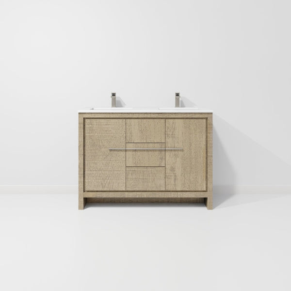 English Elm Rustic Acacia Double Bath Vanity 48" W With White Quartz Top & Gun Metal Faucet - Stylish Storage! B2731P259203-GIGA