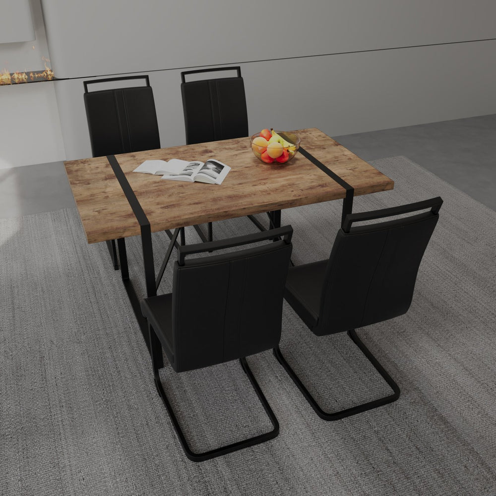 English Elm 55" Dining Table Set - Rustic Industrial 5-Piece Dining Set With Comfort Pu Chairs For Modern Spaces W2189S00179