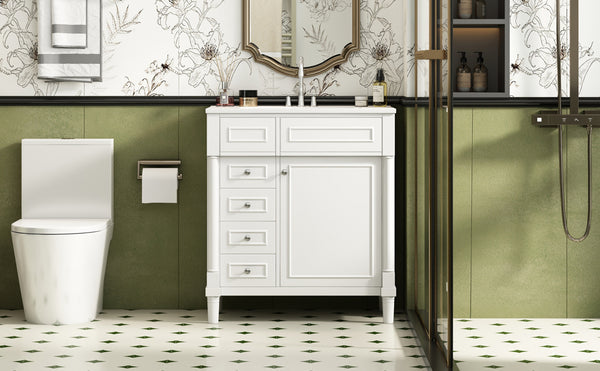 English Elm 30" Bathroom Vanity with Sink — Freestanding Modern Cabinet with Soft-Close Door, 2 Deep Drawers, Durable Basin White N710P288938K