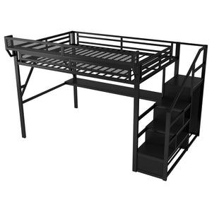 English Elm Twin Metal High Loft Bed with Staircase Storage Wardrobe for Kids and Teens W2580S00077