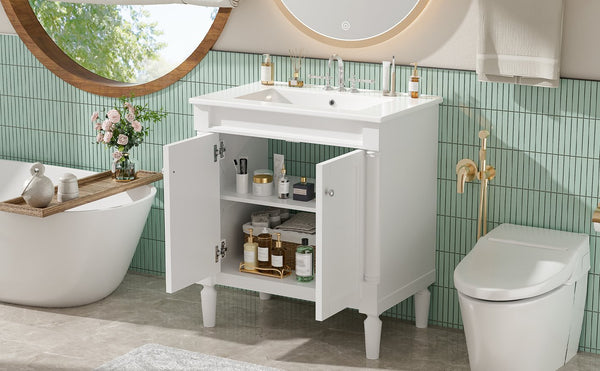 English Elm 30" French Style Bathroom Vanity with Ceramic Basin Soft Close Doors Wood Legs White N710P415327K