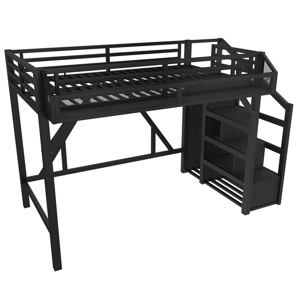 English Elm Full Xl Over Twin Triple Metal Bunk Bed with Storage Stairs and Shelves Black Black+Natural W1580S00407