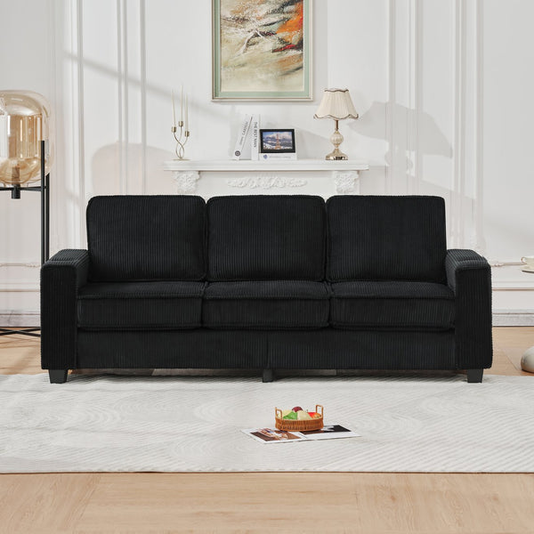 English Elm 84.25-inch Corduroy Three Seater Sofa with Cup Holders Modern Minimalist Living Room Couch Black W288P399981