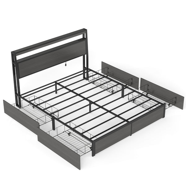 English Elm Queen Metal Platform Bed with Rgb Led Headboard Charging Station and Underbed Storage T3963P483012
