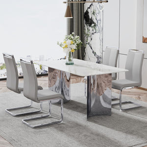 Hearth and Haven Modern Minimalist Dining Table. Imitation Marble Glass Sticker Desktop, Stainless Steel Legs, Stable and Beautiful. 4 Premium Leatherette Seats. 63 Inches x 35.4 Inches x 29.5 Inches Dt-69 C-1162 W1151S00838 W1151S00838