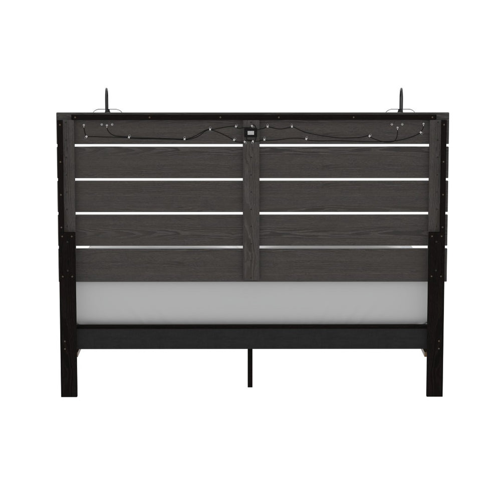 English Elm Wallace & Bay - Brown Queen Bed With Built-In Lighting - Modern Farmhouse Style In Durable Engineered Wood Finish B2709S00026-GIGA