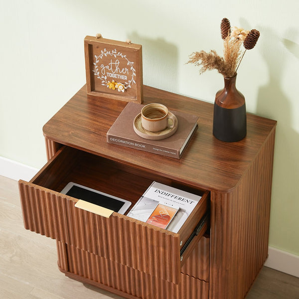 English Elm 3 Drawer Nightstand Pair Walnut Wave Textured Mdf Modern Bedroom Storage Set of Two W1820P436011