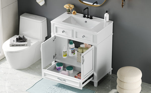 English Elm 30'' Bathroom Vanity with Sink - Retro Solid Wood Frame, Ceramic Basin, Soft-Close Doors & Ample Storage White N710P190656K