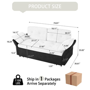 English Elm Convertible Pull Out Sofa Bed Queen Size with Steel Frame, Dual Armrests, Chenille Sleeper Couch with Storage and Casters White+Black W3163P269663