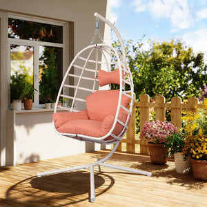 English Elm Egg Hanging Chair with Stand Pe Rattan Swing Seat Washable Cushion Patio Bedroom T5880P497430