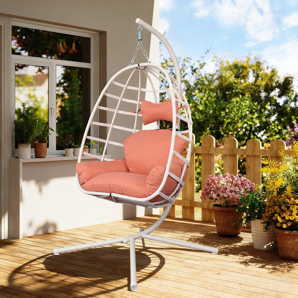 English Elm Egg Hanging Chair with Stand Pe Rattan Swing Seat Washable Cushion Patio Bedroom T5880P497430