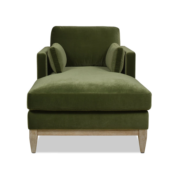 English Elm Jennifer Taylor Home - Knox 65" Modern Farmhouse Chaise Lounge in Olive Green Performance Velvet with Feather-Down Cushions & Birch Frame B2719P238295