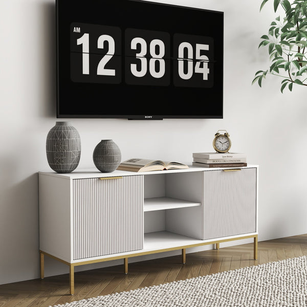 English Elm Modern TV Stand White Gold with Wave-Design Doors, Open Center Shelf, Adjustable Inner Shelf, Chic Legs W3151P288928