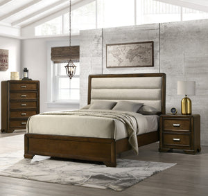 English Elm Beautiful Contemporary Queen Size Panel Bed with Beige Upholstered Headboard, Solid Wood Finish, Elegant Design and Easy Assembly Brown 82.5 L x 41.5 W x 7 H B011S01227