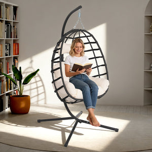 English Elm Egg Hanging Chair with Stand Pe Rattan Swing Seat Washable Cushion Patio Bedroom T5880P497427