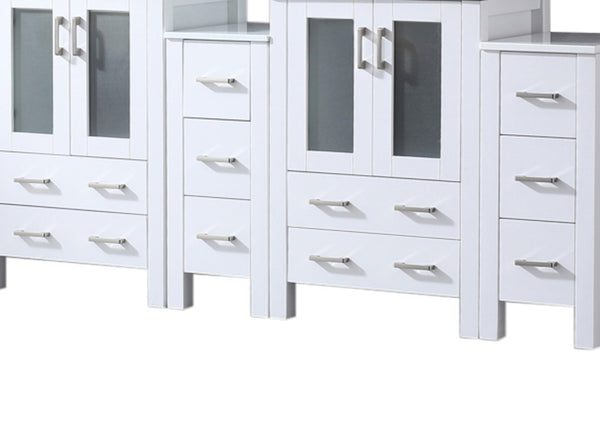 English Elm White Double Bath Vanity 84 in. W x 18.25 in. D with Side Cabinets, Soft-Close Drawers, Ceramic Top, Mirrors Included B2731S00601