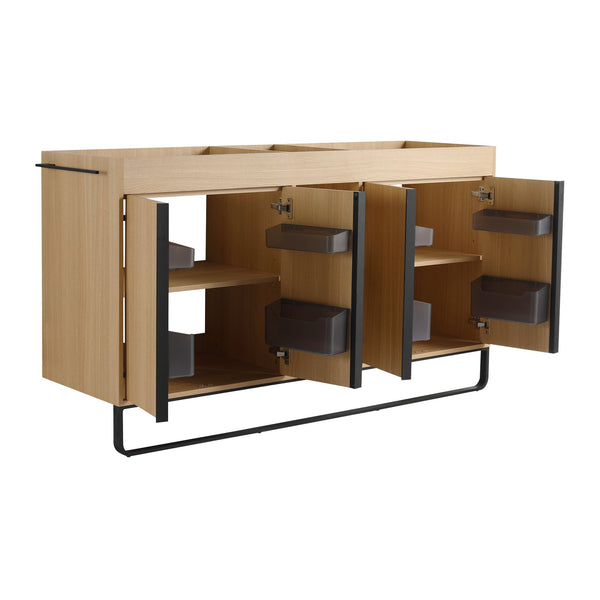English Elm 60" Modern Freestanding Bathroom Vanity with 4 Soft-Close Doors, 3 Open Shelves, Towel Hanger, 8 Boxes W999P376886