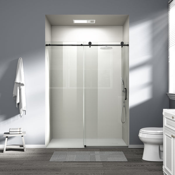 English Elm 56" Frameless Single Sliding Shower Door Tempered Glass Walk-in Bath Enclosure Matte Black W1573P342101