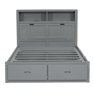 English Elm Wood Full Size Hydraulic Platform Bed with LED Headboard, Charging Station, Hidden Storage Drawers and Shelves Gray GX000371AAE