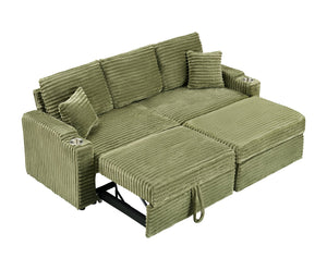 English Elm 80" Corduroy Multi-Function Sofa with Hidden Recliner, Space-Saving Design, Armrests, Cup Holders, Removable Footstool Green W3356S00019