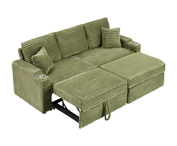 English Elm 80" Corduroy Multi-Function Sofa with Hidden Recliner, Space-Saving Design, Armrests, Cup Holders, Removable Footstool Green W3356S00019