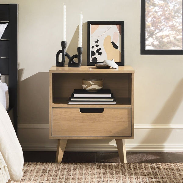 English Elm Walker Edison - Modern 1-Drawer Nightstand with Open Cubby—Sleek Mid-Century Legs, Smooth Glides, Warp-Resistant MDF Brown 23.5 L x 18.5 W x 6 H B185P168894