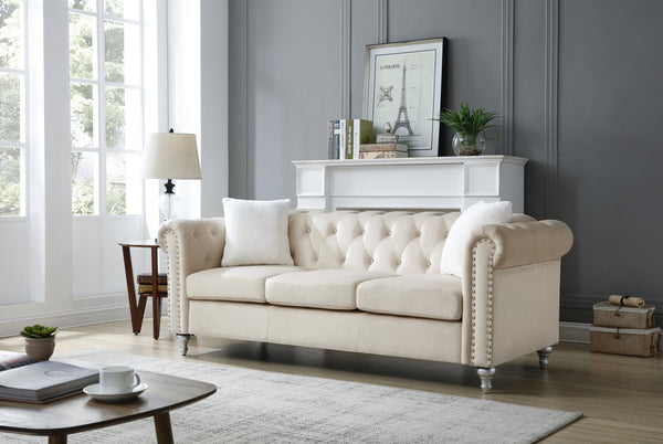 English Elm Raisa Velvet Tufted Sofa with Jeweled Buttons, Nailhead Accents, Pocketed Coil Cushions & Pillows Beige 15 L x 26 W x 34 H B078S00108