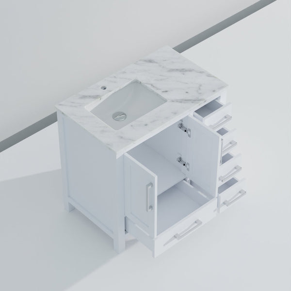 English Elm White Bath Vanity With Carrara Marble Top, Soft-Close Hardware & Ample Storage - 36" W X 22" D B2731P258808-GIGA