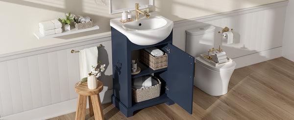 English Elm 20-inch French Style Freestanding Vanity Carved Wood Cabinet Soft Close Ceramic Basin Blue N710P330977C