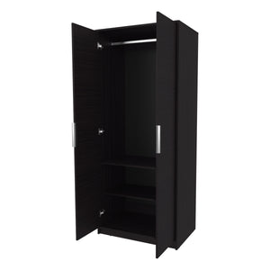 English Elm Wardrobe Compact Berlin Two-Door Closet with Hanging Rod, Two Shelves & Shoe Storage, Wengue Finish B128P343764