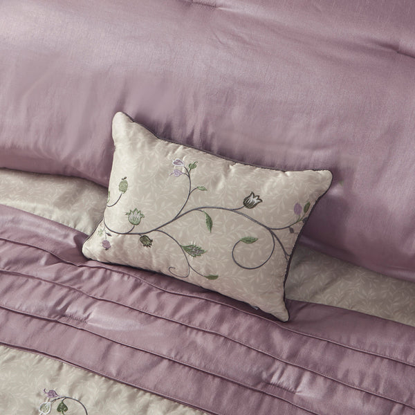 English Elm Embroidered 7-Piece Comforter Set In Soft Purple & Grey For California King - Luxurious Floral Design B03596943
