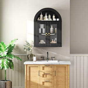 English Elm Wall Mounted Arched Cabinet Tempered Glass Doors Led Lighting Adjustable Shelves Bathroom Black T3210P471555