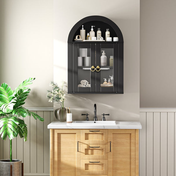 English Elm Wall Mounted Arched Cabinet Tempered Glass Doors Led Lighting Adjustable Shelves Bathroom Black T3210P471555