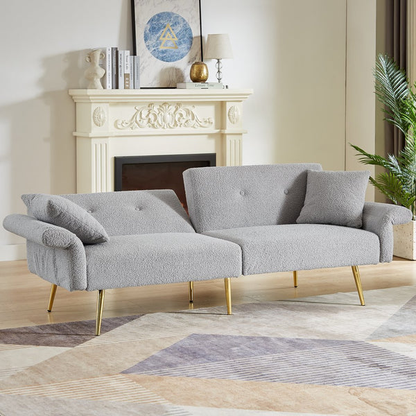 English Elm Modern Teddy Upholstered Loveseat Sofa Bed with Adjustable Backrest, Foldable Armrests & Gold Legs Grey W1117P303446