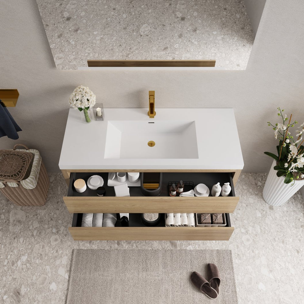 English Elm 48" Floating Bathroom Vanity Natural Oak Stone Resin Sink Soft Close Storage Cabinet W1573P211186