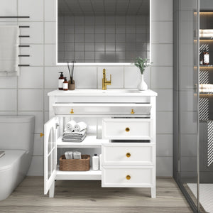 English Elm 35.6" Freestanding Bathroom Vanity with Roman Column Base and Ceramic Integrated Sink White W1801S00011