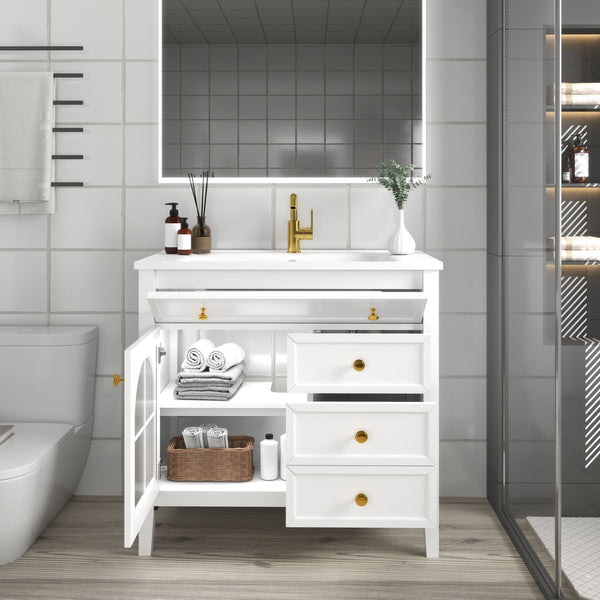 English Elm 35.6" Freestanding Bathroom Vanity with Roman Column Base and Ceramic Integrated Sink White W1801S00011